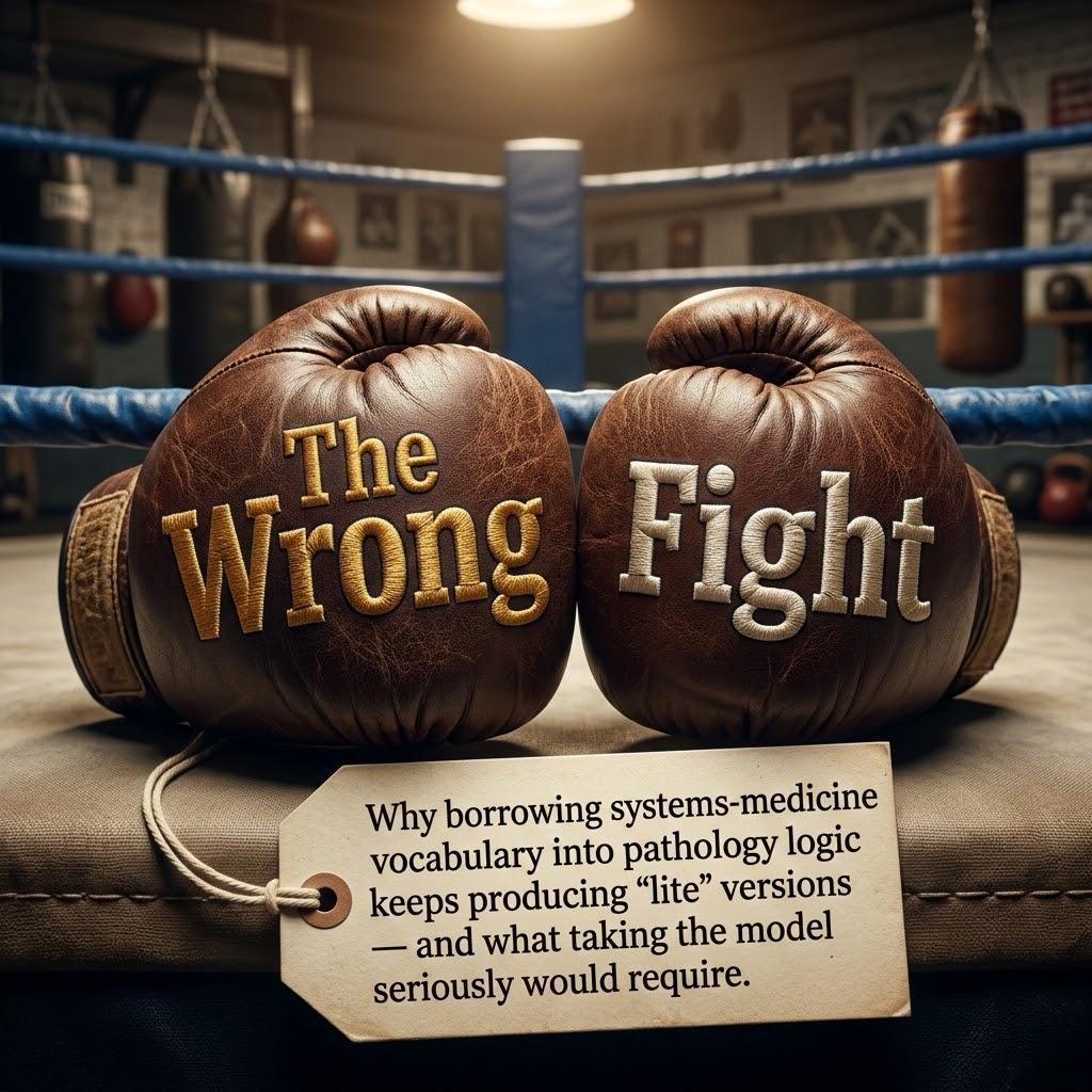 Two Boxing Gloves Clashing with title: The Wrong Fight Why borrowing systems-medicine vocabulary into pathology logic keeps producing "lite" versions — and what taking the model seriously would require.